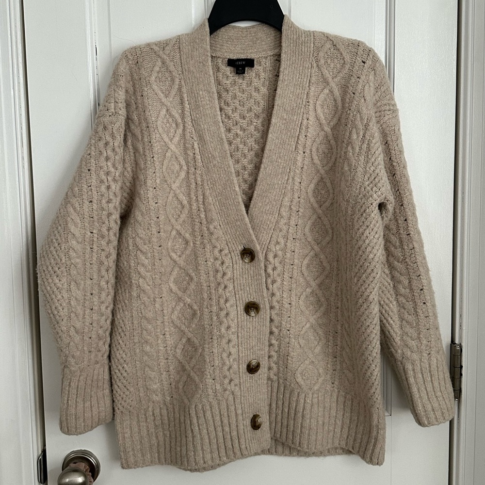 J Crew Oatmeal Cable Knit Stretch Wool Fisherman Cardigan Sweater